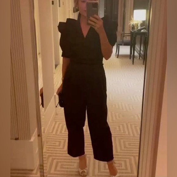 NWT HUNTER BELL Onyx Black Elva Ruffle Velvet Trim Jumpsuit Sz 4 - Picture 2 of 16